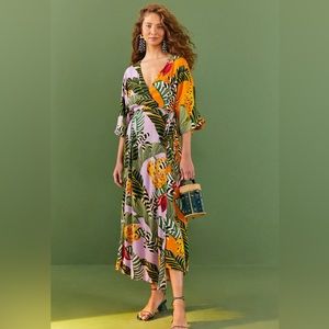 NEW FARM RIO Mixed Striped Bananas Maxi Wrap Dress